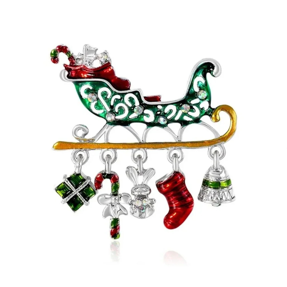Enameled Christmas Sleigh Brooch Pin Red Green Holiday Jewelry Gift Idea